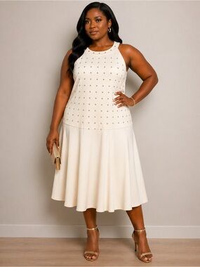 Ashley Stewart Cream Sleeveless Studded Flare Dress -22/24